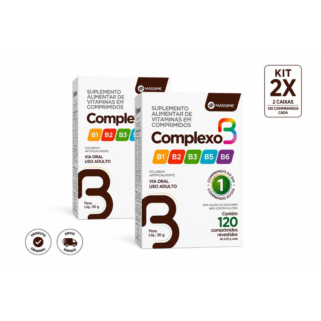 Kit 2x Complexo B Mássime 120 Comprimidos Vitaminas B1 B2 B3 B5 B6 Suplemento Alimentar Original