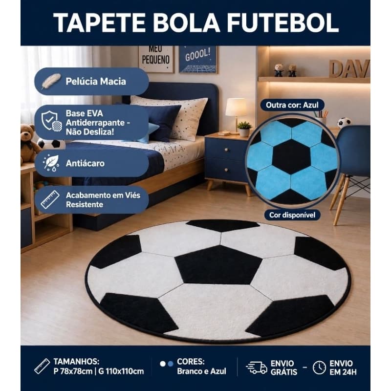 Tapete de Pelinho Decorativo Antiderrapante Bola de Futebol  Felpudo Macio para Quarto Sala Infantil