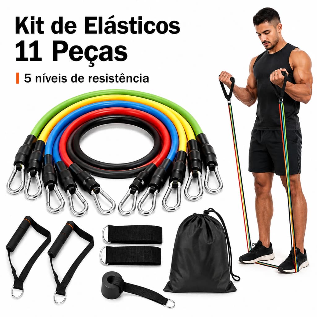 Kit Elástico Extensor 11 Peças para Treino Funcional Academia em Casa Musculação Pilates Ginástica