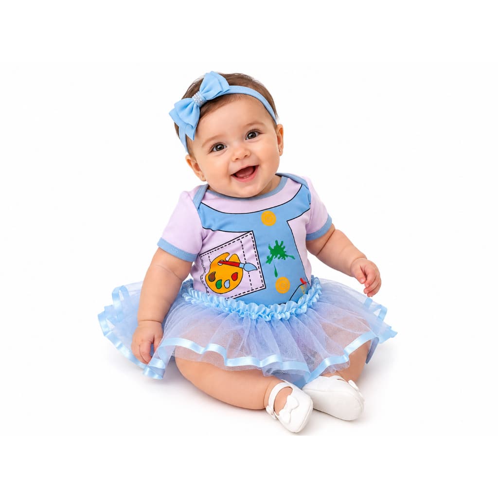 Body Bebê Pintando o 7 Menina Menino Mesversário Fantasia Pintora Roupa Temática Infantil com Saia Tule e Laço ou touca