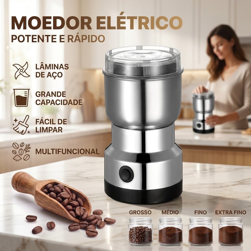 Moedor Multifun de Café em Aço Inox com 4 Lâminas - Multifuncional para Especiarias e Grãos - Bivolt 110V/220V - Portáti