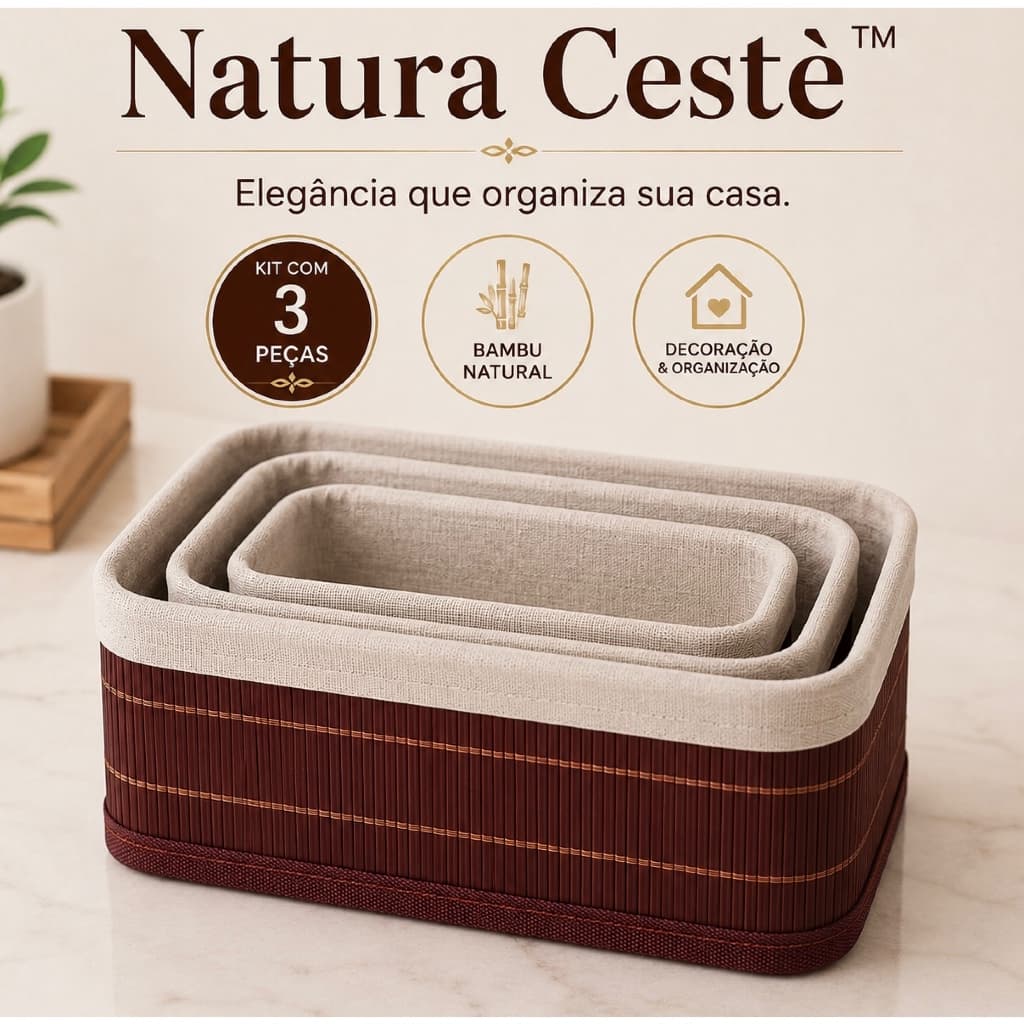 Kit 3 Cestos Organizadores de Bambu com Forro em Tecido Natura Cestè™ Organizador Multiuso para Cozinha Banheiro Quarto