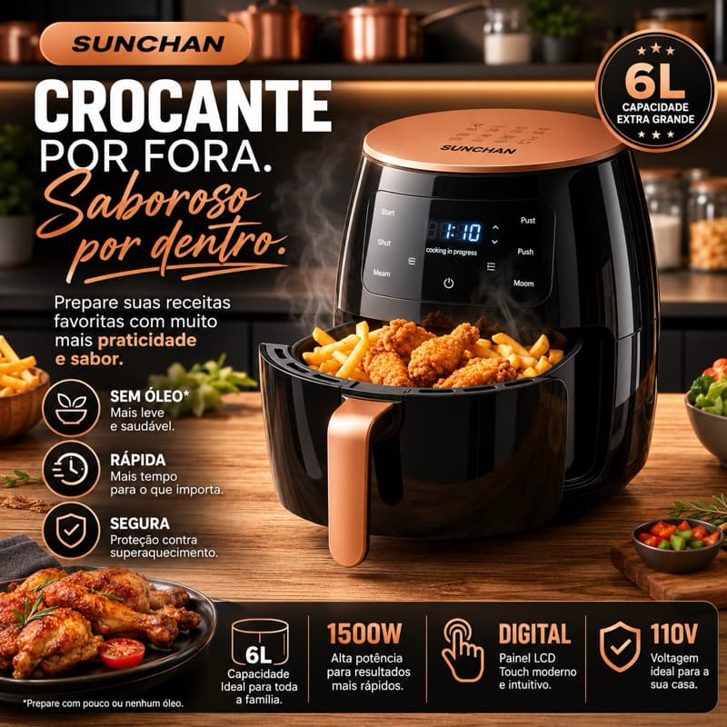 Air Fryer 6L Digital 1500W 110V SUNCHAN Fritadeira Elétrica Sem Óleo Grande Capacidade