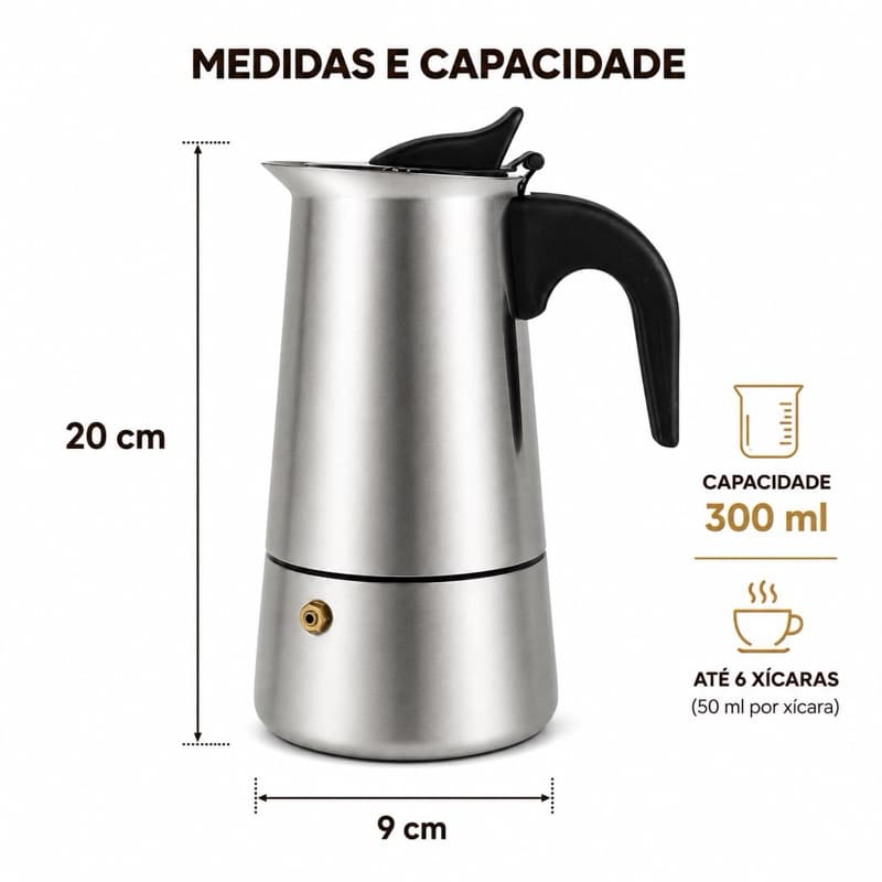 Cafeteira Italiana Expresso Café 300ml 6 Xicaras Inox com Válvula de Segurança Aço Inox