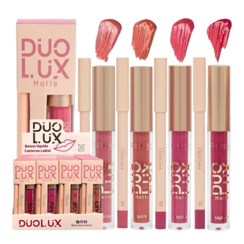 Kit Duo Lux Matte Febella — Batom Líquido Matte + Contorno Labial | Cobertura Total e Longa Duração