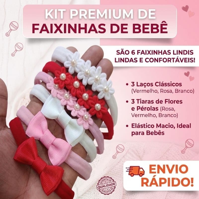 Faixinhas de Bebê Kit de 6 Faixinhas para bebê Menina Vermelho, Branco, Laço Rosa