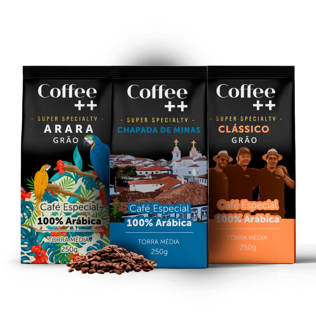 Kit 3 Cafés Especiais Em Grãos Coffee ++ 100% Arábica 750g (Clássico, Chapada e Arara)