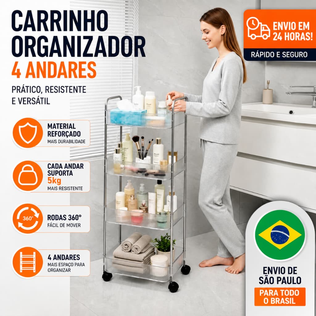 Carrinho Organizador Multiuso 4 Andares com Rodinhas para Cozinha e Banheiro Resistente