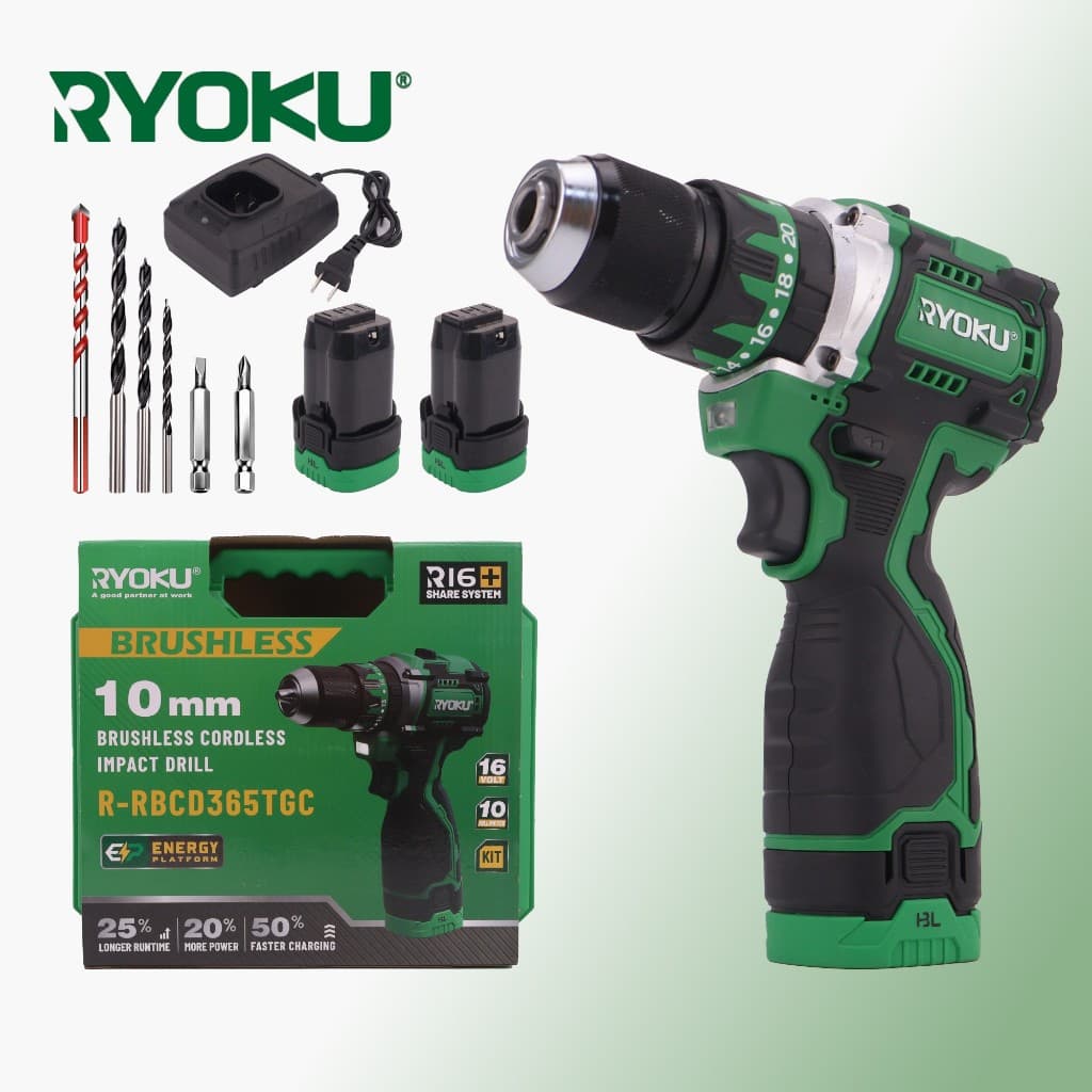 Parafusadeira Furadeira De Impacto Brushless 16V 60Nm 2 Baterias Maleta RYOKU