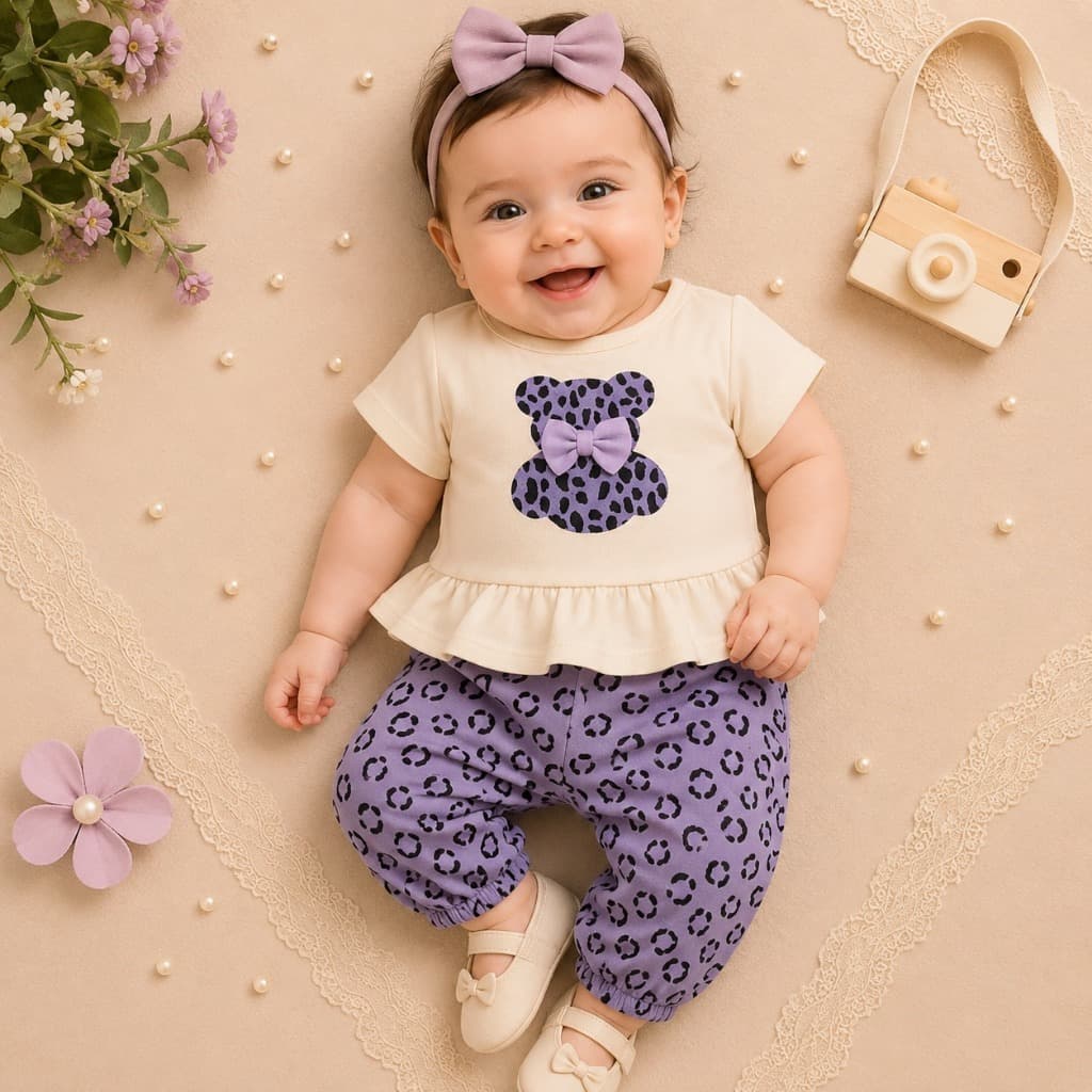 Conjunto de Bebê menina ursinho temático fofo verão passeio blogueirinha passeio