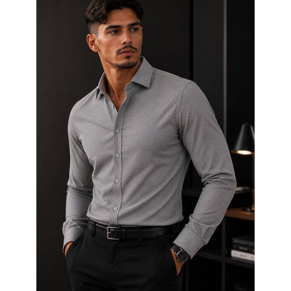Camisa Social Masculina Premium Modelagem Slim Fit Com Detalhe Em Linhas Diagonais