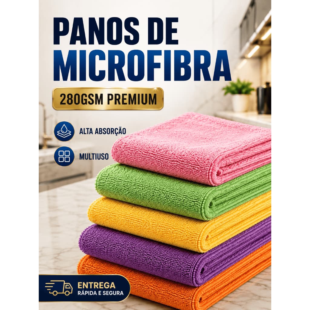 Kit 3 ou 5 Panos de Microfibra 280GSM 30x40cm Alta Absorção Multiuso para Cozinha Vidros Carro e Limpeza