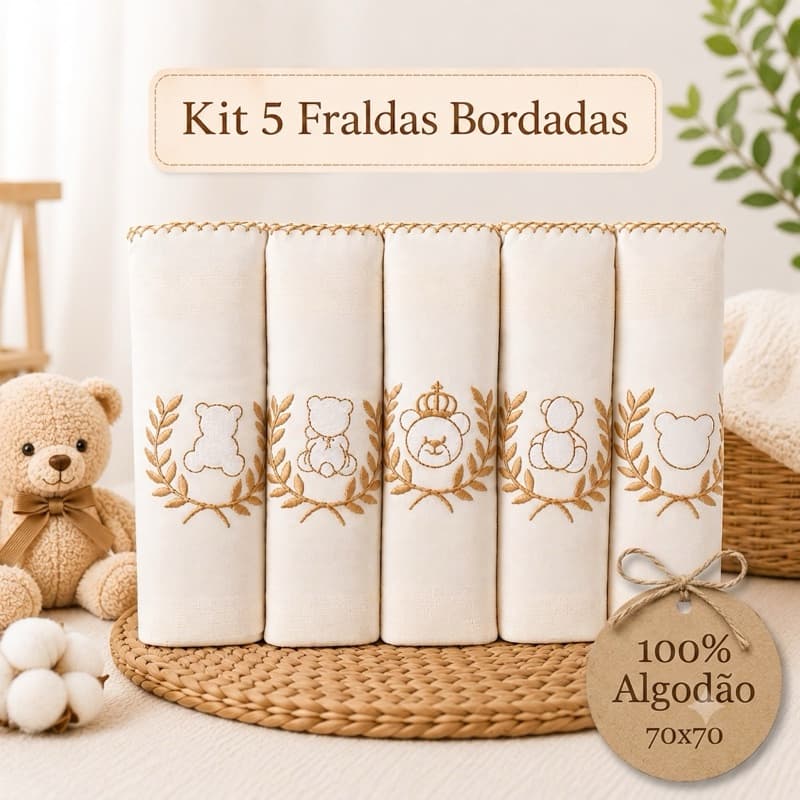 Kit Fralda de Pano Bebê Bordada 70x70 Algodão Enxoval Recém Nascido 5 10 15 Unidades