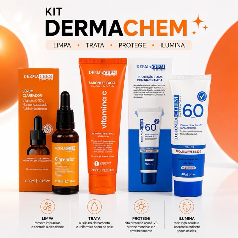 Kit Skincare Dermachem Vitamina C Sérum Clareador + Sabonete Facial + Protetor Solar FPS 60