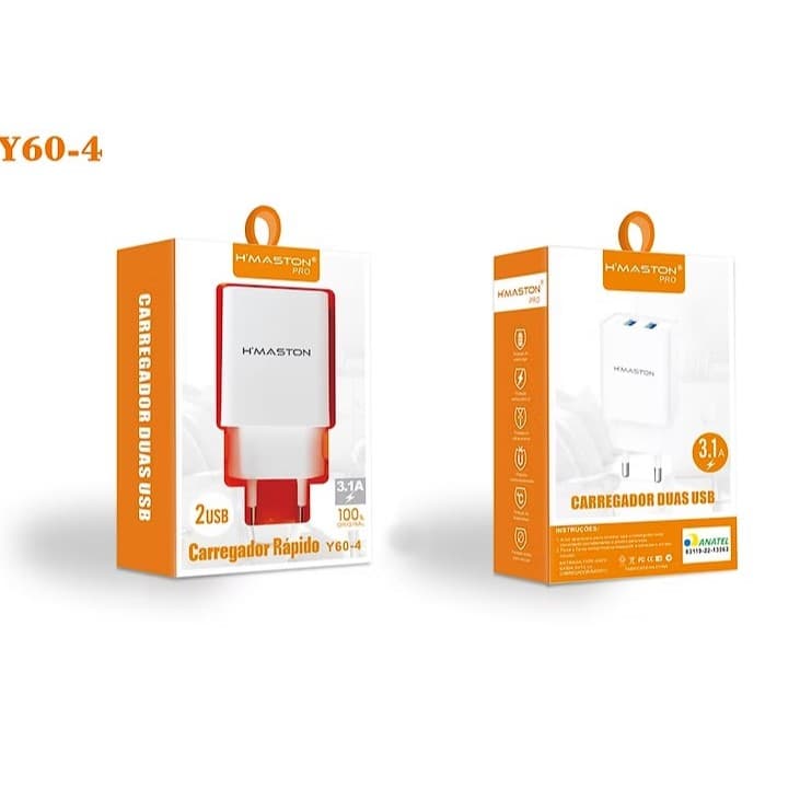 Carregador Rapido H'maston Y60-4 Tomada 2 Entradas USB Turbo Com Cabo Reforçado 4.1A Carregamento Rapido Celular