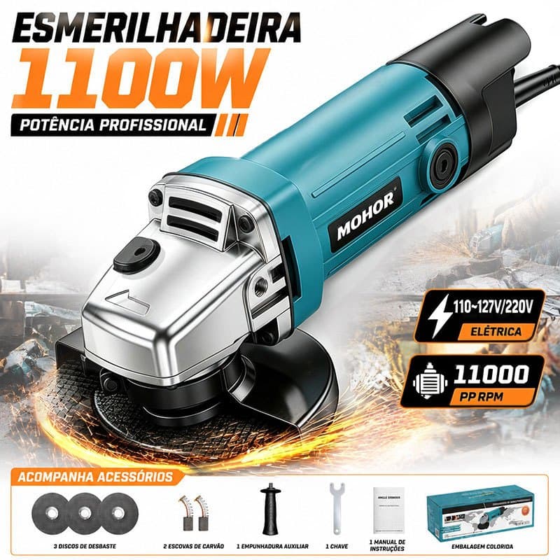 Esmerilhadeira Angular 1100W Potente Electric Sander Grinder 115mm Professional com 3 Discos de Corte Kit Completo 220V