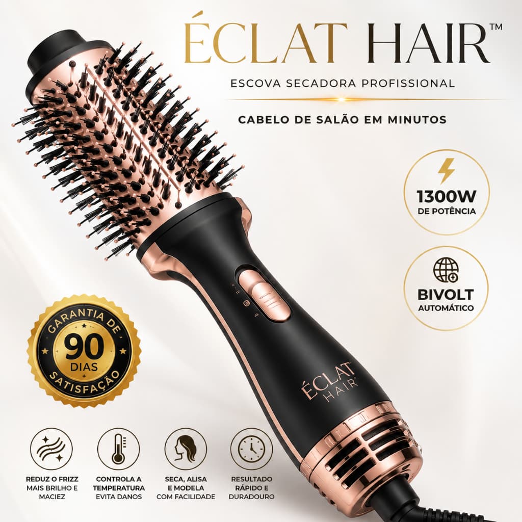 Escova Secadora Profissional Éclat Hair 1300W Bivolt Automática Alisadora Modeladora Cabelo