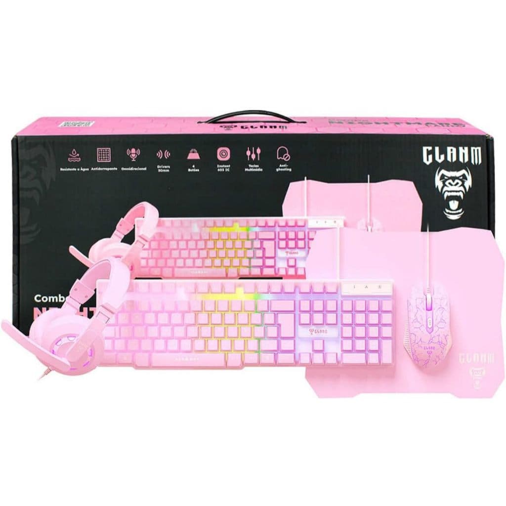 Kit Gamer Rosa Teclado Semi Mecânico Mouse e Headset LED RGB Evolut EG53