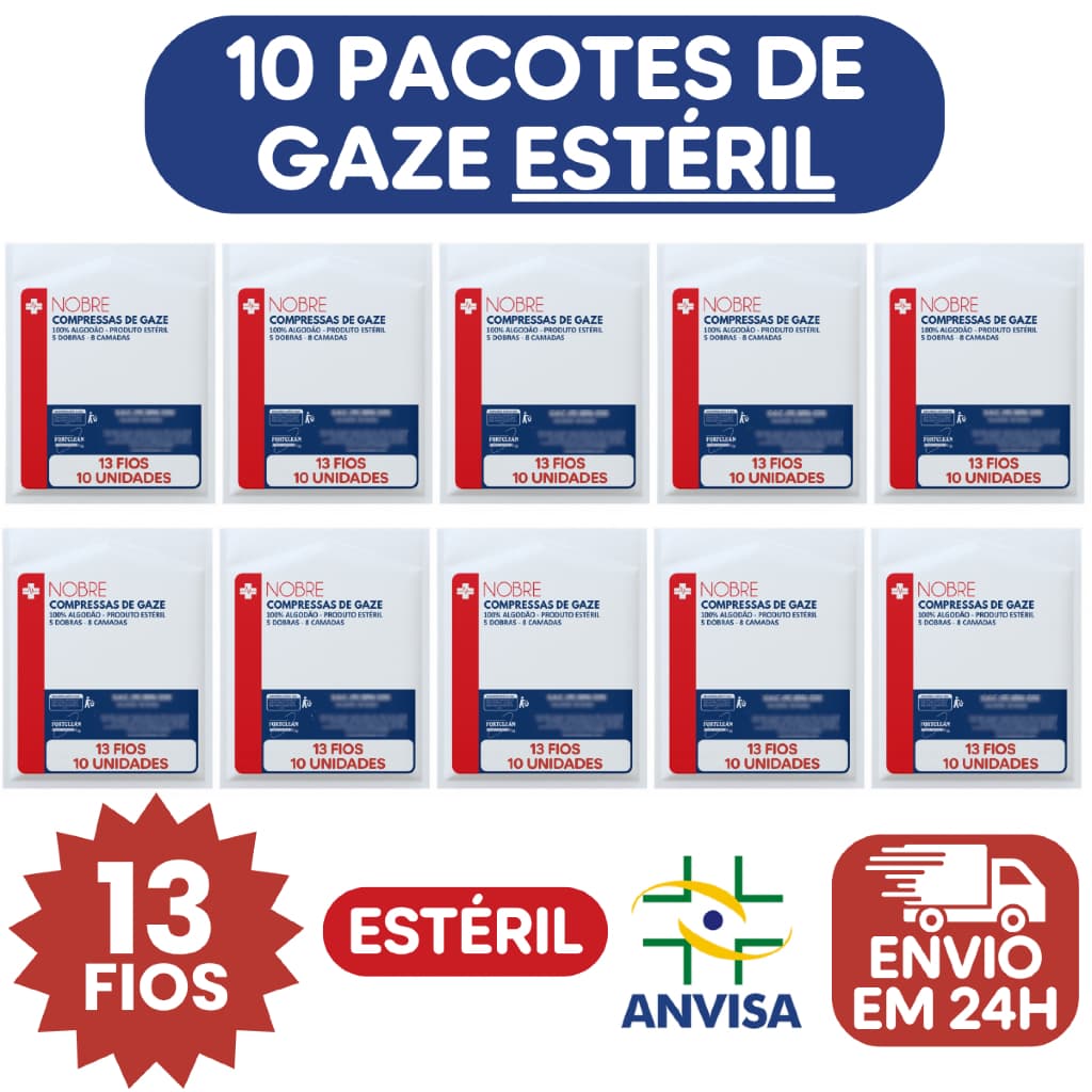 10 Pct c/ 10 Compressas de Gazes Estéril 13 fios Kit Gase Cirúrgica Algodão Hidrófila Envio Imediato
