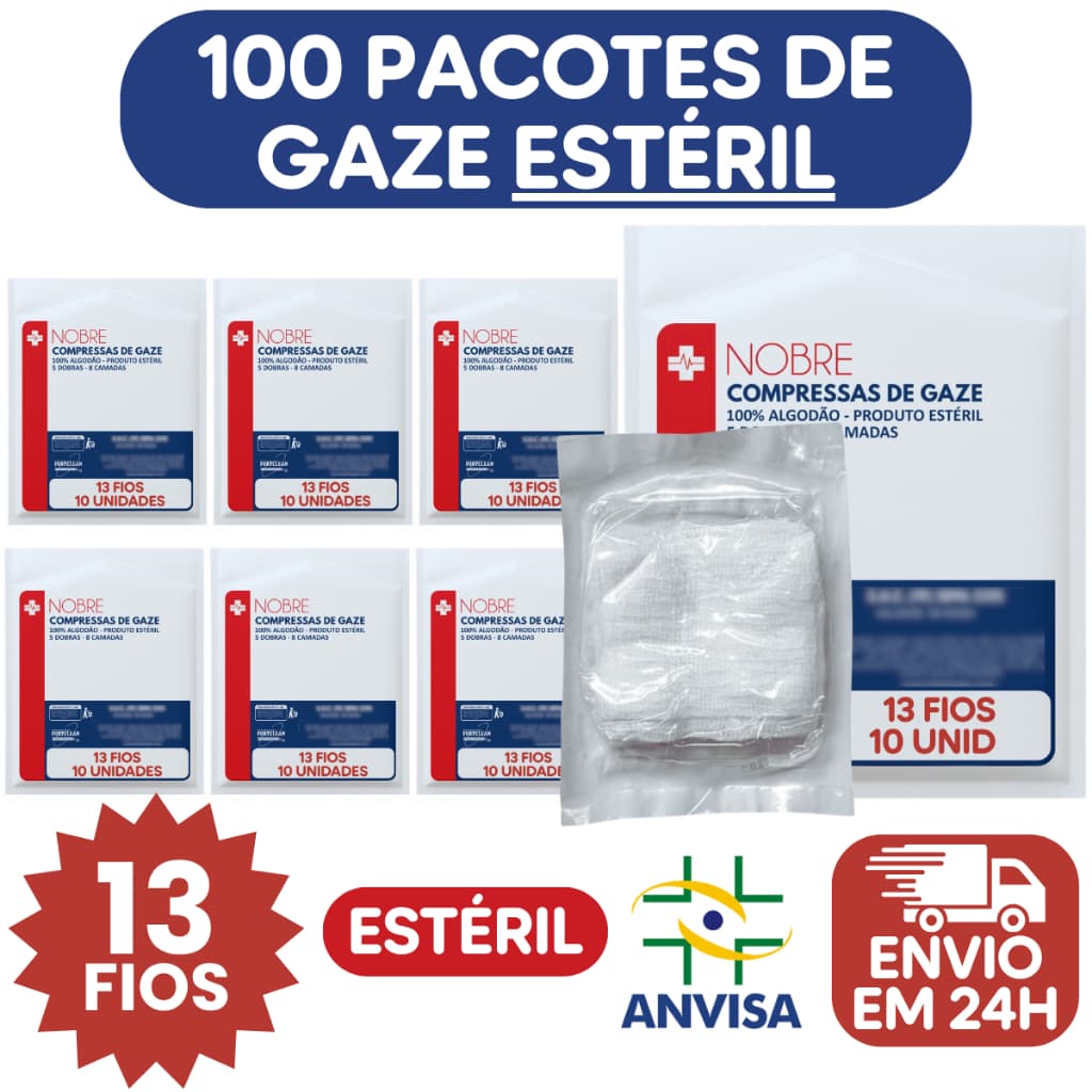 100 Pacotes c/ 10 un Compressa de Gaze Estéril Nobre 13 Fios Kit Compressas Gases Curativo Cirúrgico