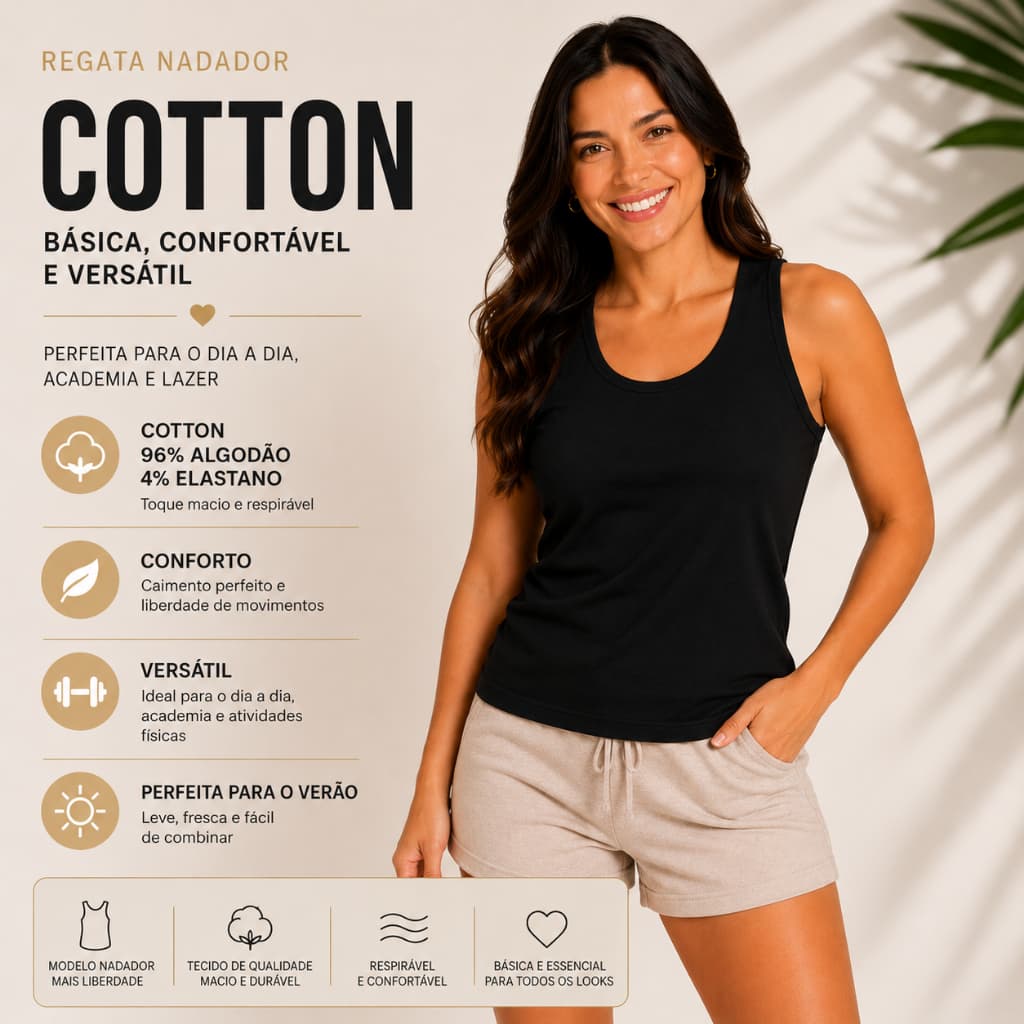 Regata Feminina Nadador Cotton Básica Casual Academia Fitness Confortável Verão 25618-A