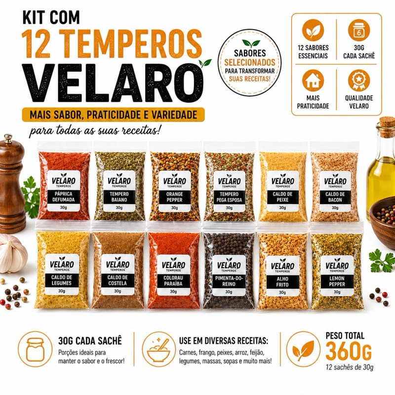 Kit 12 Temperos Velaro 30g Cada | 360g | Kit Completo de Temperos para Carnes, Frango, Feijão, Arroz e Receitas