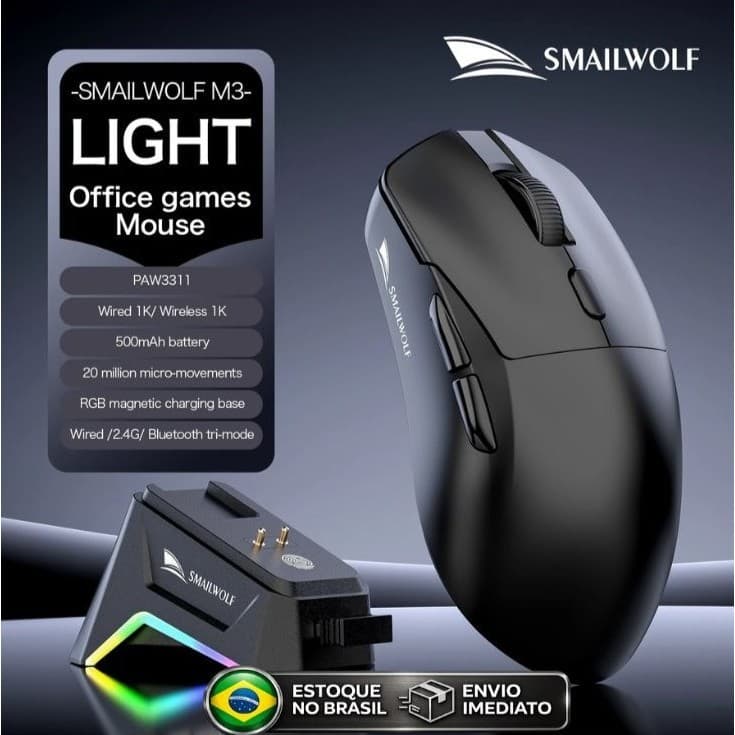 SMAILWOLF M3 Mouse Gaming - Sem Fio Com Dock Leve 3 Modos PAW3311 12000DPI 1000Hz Ergonômico Sem Fio Para PC e Notebook