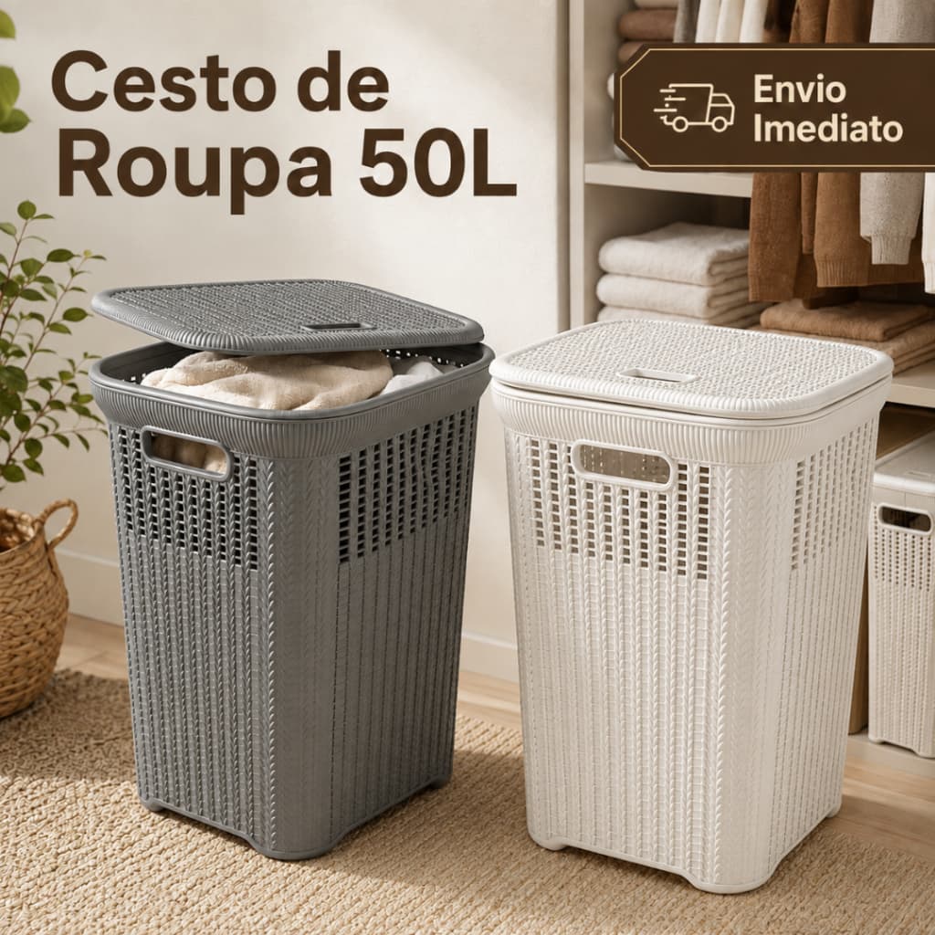 Cesto de Roupa Rattan 50L com Tampa Organizador de Banheiro, Lavanderia, Anti Odor
