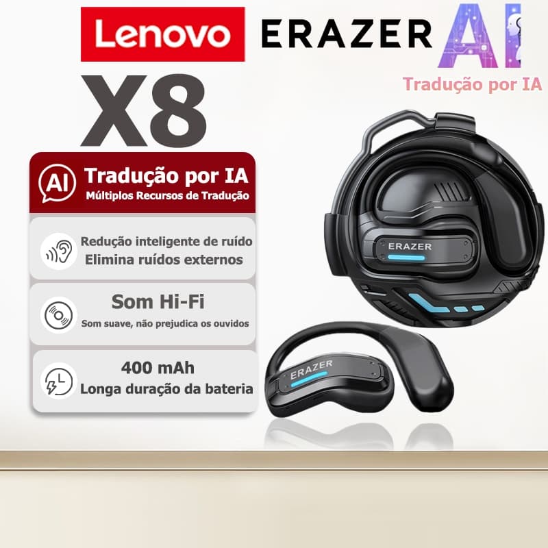 Fone de ouvido Bluetooth tradutor por IA Lenovo ERAZER X8, Bluetooth 5.4, vários modos de tradução, fone sem fio, qualid