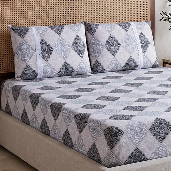 Jogo de Lençol Casal Queen Estampado Malha 100% Algodão com Elástico 3 Peças 2 Fronhas com Zíper Cama Macia Confortável