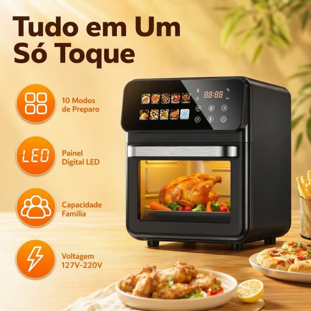KODI Forno de Ar - 10 Modos de Preparo,Painel Digital LED,Kit Completo com Luva e Bandejas, Ideal para Família D15