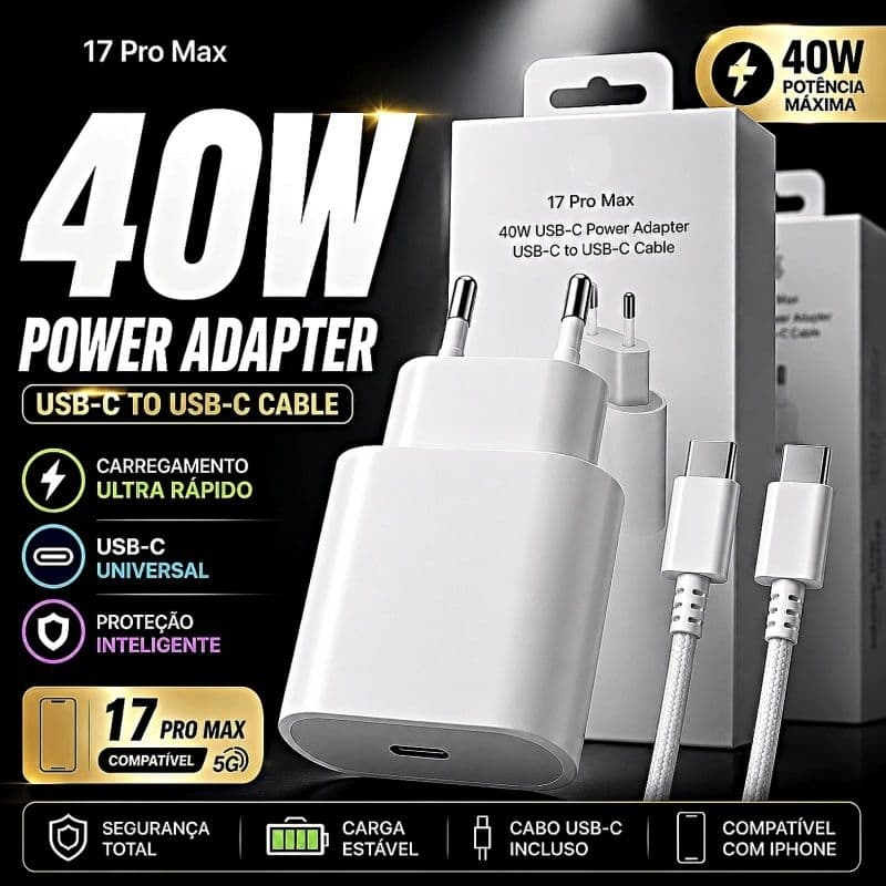 Carregador turbo iPhone 17 16 15 Pro Max 40w Completo Fonte tipo C e Cabo Tipo C carregador rapido celular