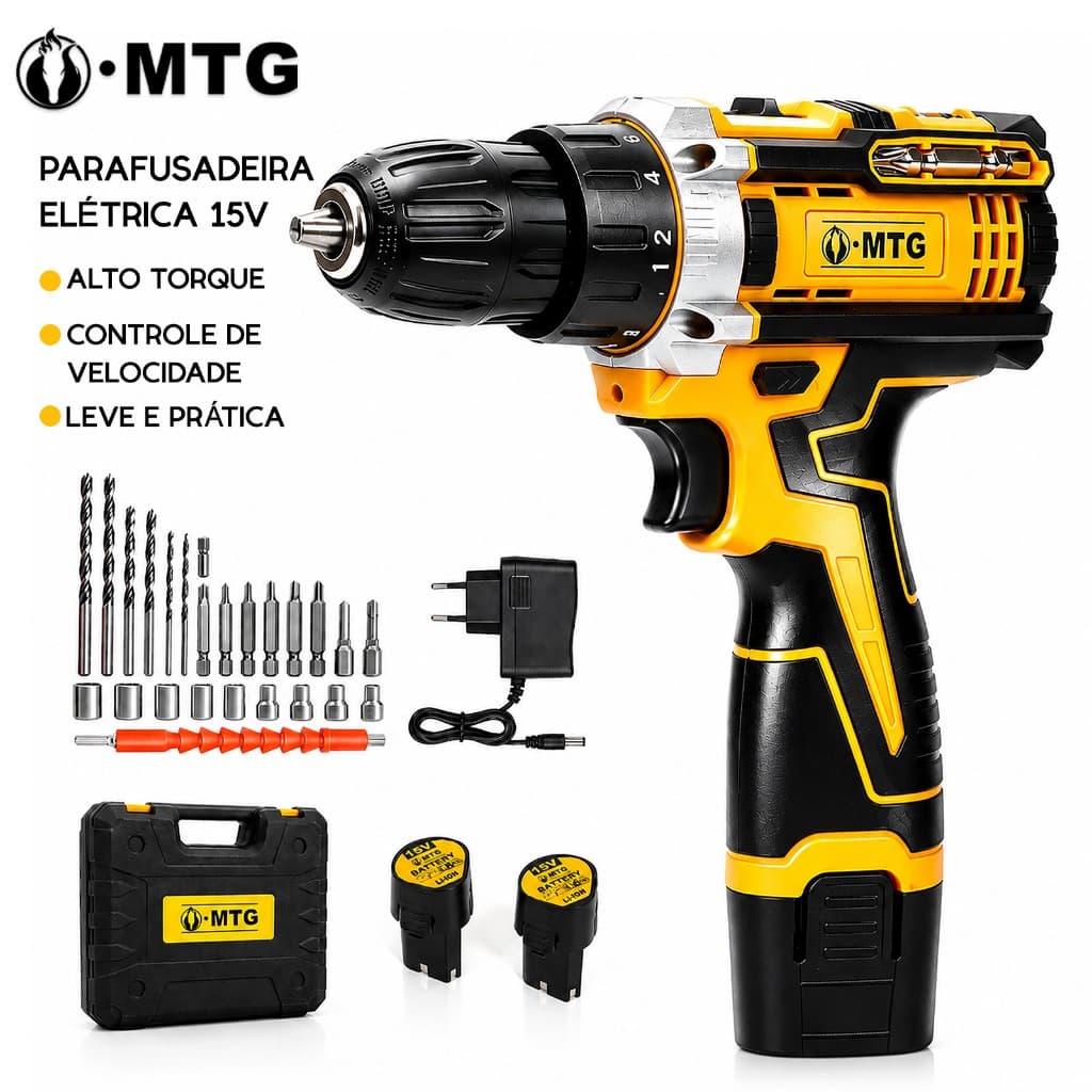 Parafusadeira Furadeira de Impacto Sem Escova Profissional 15V 2000mAh 2 Bateria Kit Completo