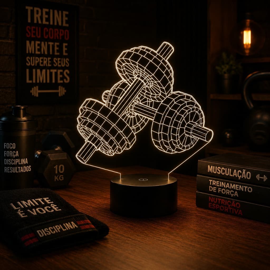 Luminária Led 3d | Halteres Musculação Academia | Abajur Presente Criativo Decoração Multicores