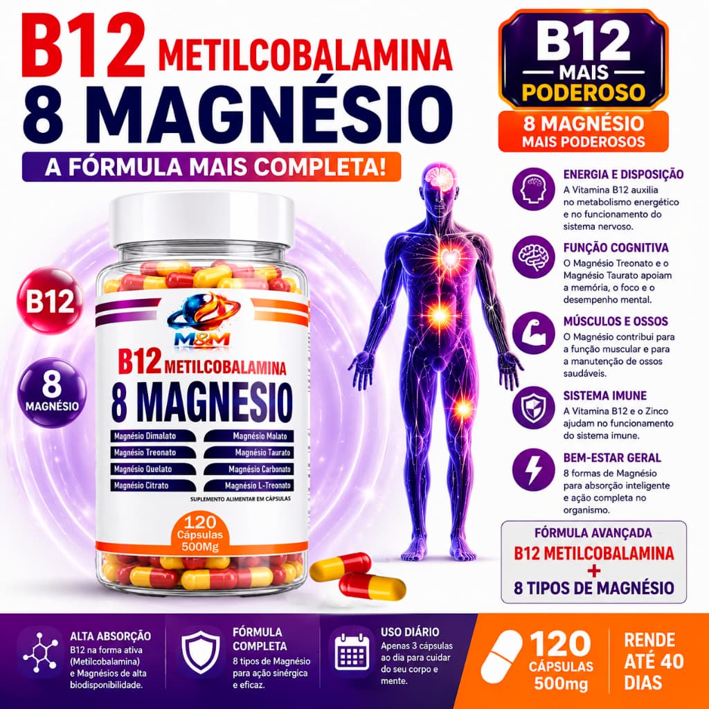 Magnésio 8 Tipos + Vitamina B12 Metilcobalamina | 120 OU 60 Cápsulas DIMALATO QUELATO L-TREONATO