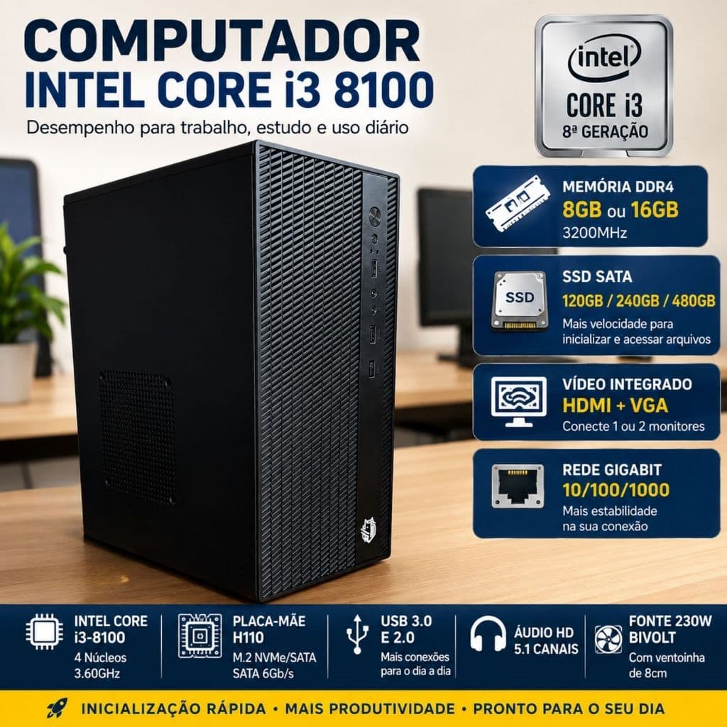 Computador  i3 8100 8ª Geração 8GB 16GB DDR4 SSD 120GB 240GB 480GB Windows 11Desktop Intel Core HDMI VGA Office