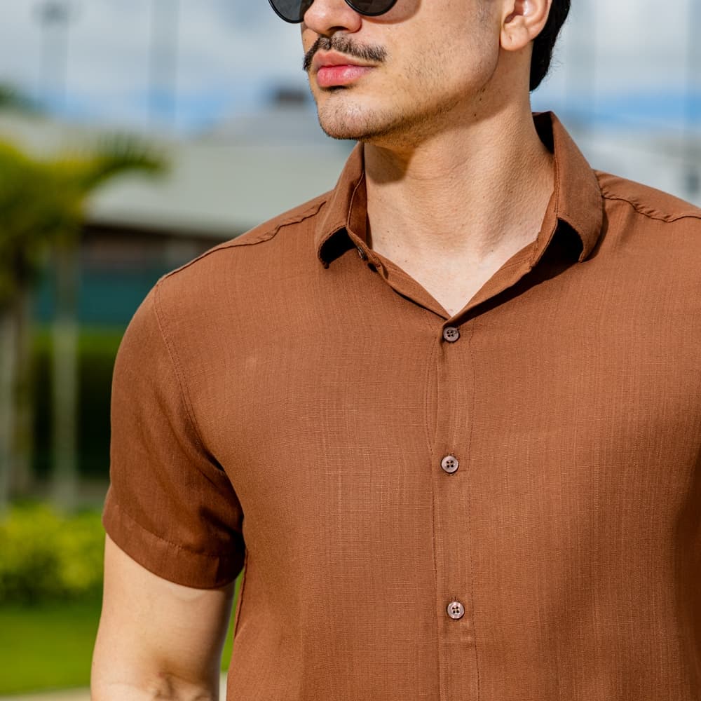Camisa Social Masculina Manga Curta Slim Fit Luxo Linho Viscose Tecido Leve