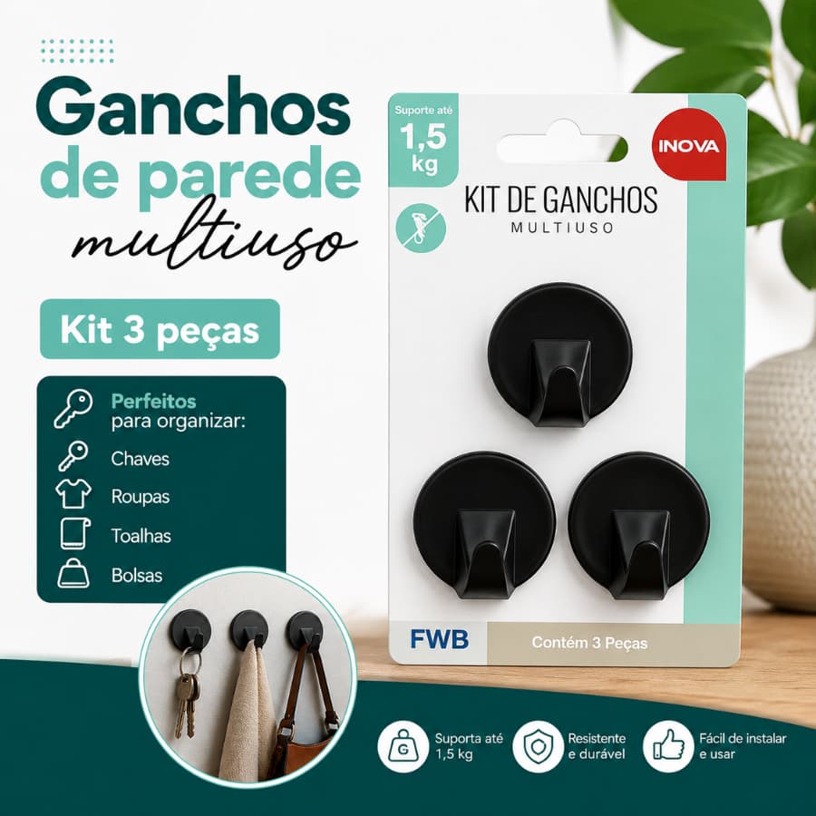 Ganchos de parede multiuso, Kit 3 peças Perfeitos para organizar chaves roupas toalhas bolsas