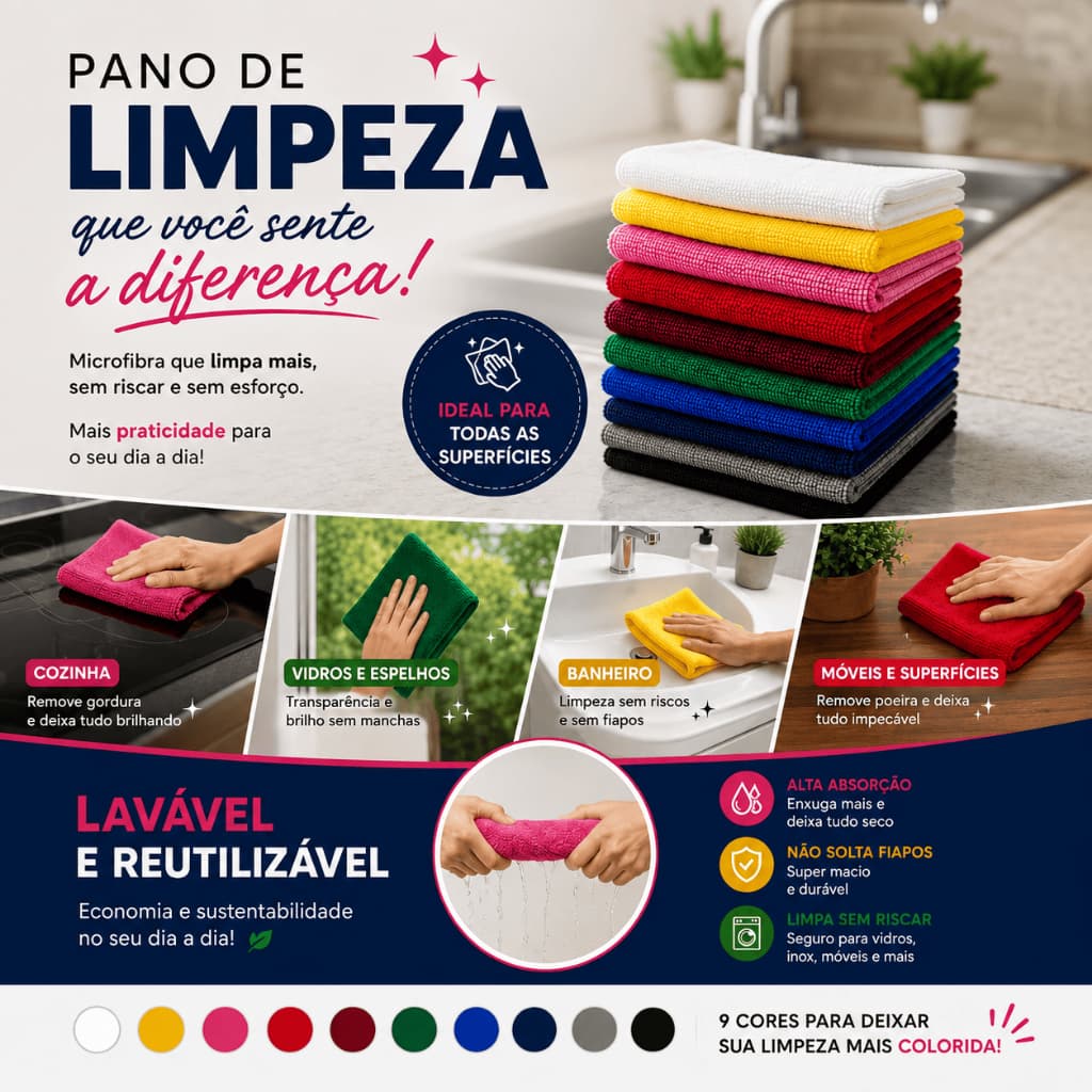 Kit Pano Microfibra 40x50 Multiuso Alta Absorção Não Risca Limpeza Casa Carro