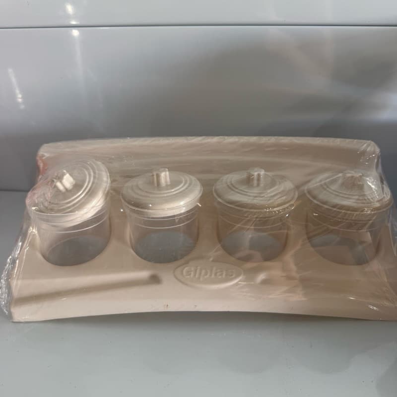 Porta condimentos de plástico 5 peças com pote e suporte bege branco para condimento tempero sal orégano de cozinha