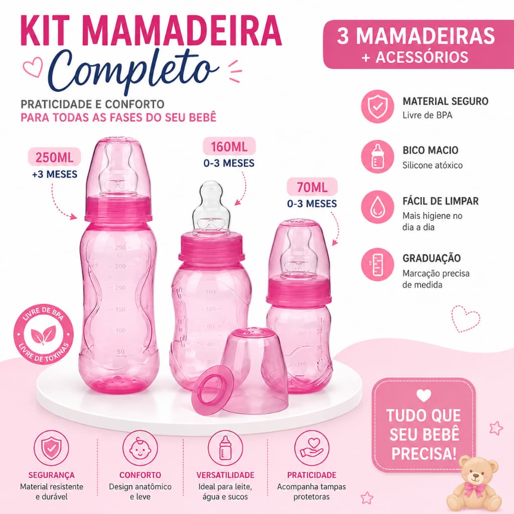 Kit 3 Mamadeiras Kuka Aquarela Rosa – Bico Ortodôntico (70ml, 160ml, 250ml)