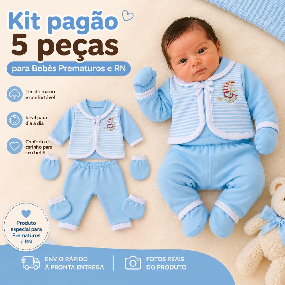 Kit Pagão RN 5 Peças Bebê Menino e Menina Pagãozinho c/ Luva Sapato Calça Body Camiseta Prematuro