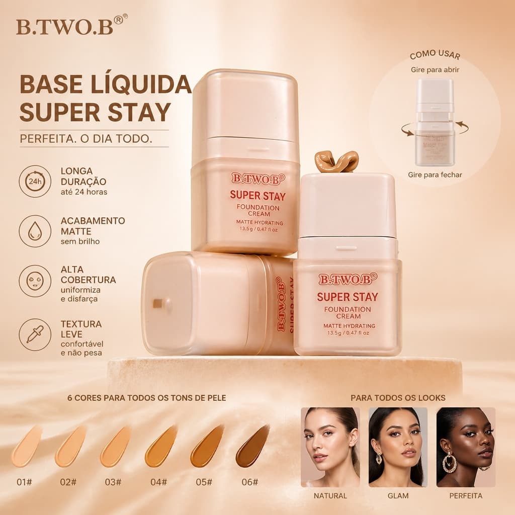 B.TWO.B Base Líquida Super Stay Alta Cobertura Acabamento Matte Longa Duração 16H Textura Leve 6 Cores