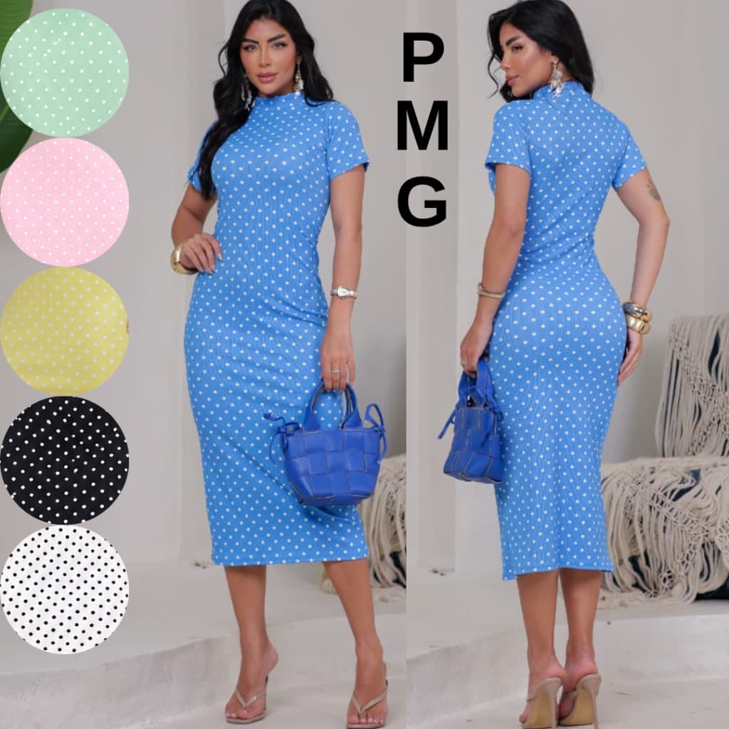 Vestido Feminino Midi Gola Alta Ribana Canelada Premium Estampado Poá Bolinhas chique elegante