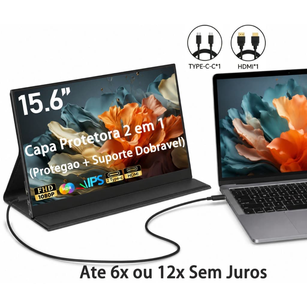 Monitor Portátil 15.6 Polegadas IPS Full HD 60Hz - Segunda Tela Gamer e Trabalho para PC, Mac, Switch e PS5 Plug & Play