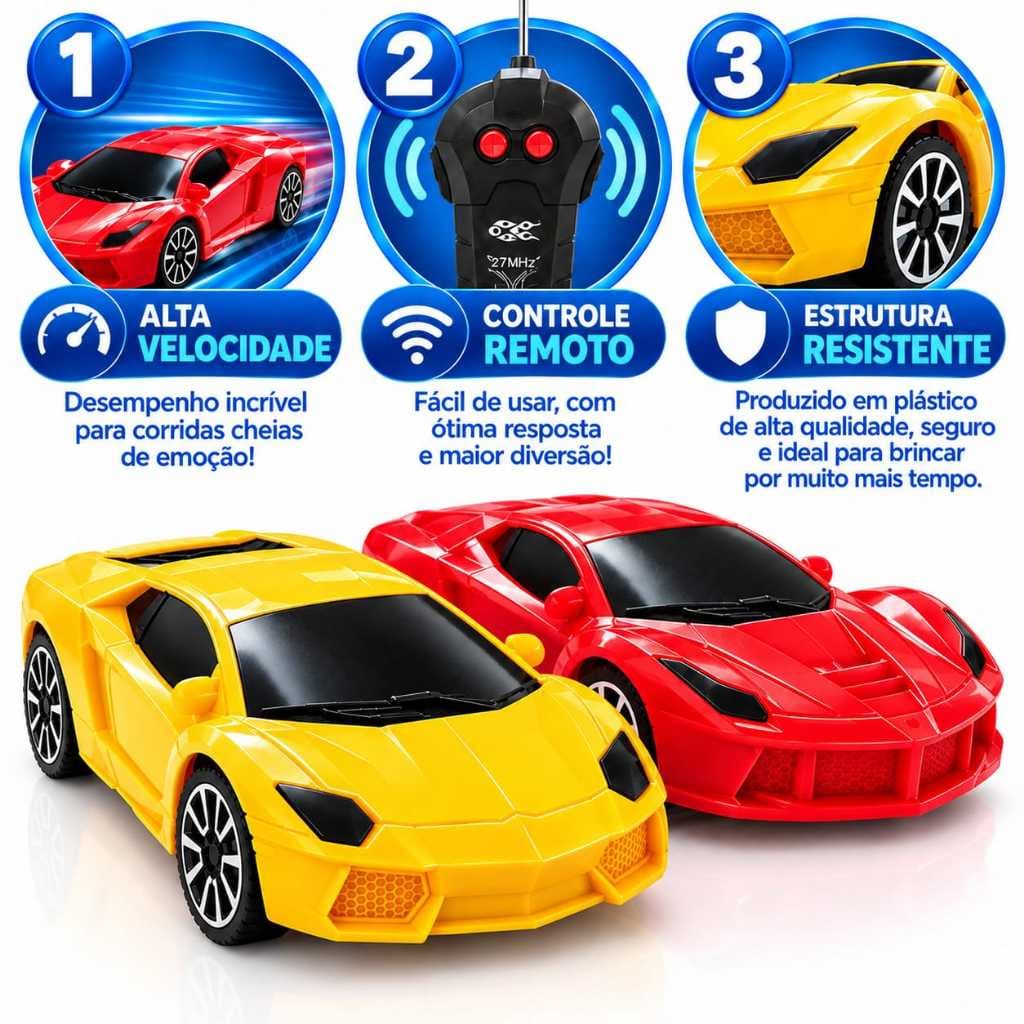 Kit 2 Carrinho de Controle Remoto Esportivo Sem Fio Com 2 Funções - Carro Brinquedo Infantil