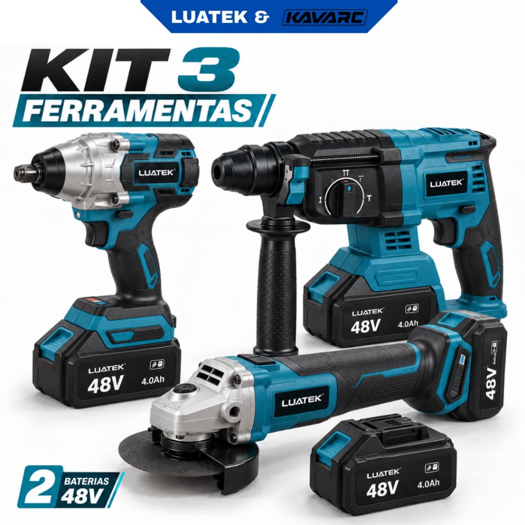 Jogo de Ferramentas Elétricas 3 em 1 Parafusadeira de Impacto Furadeira Esmerilhadeira 48V - Luatek