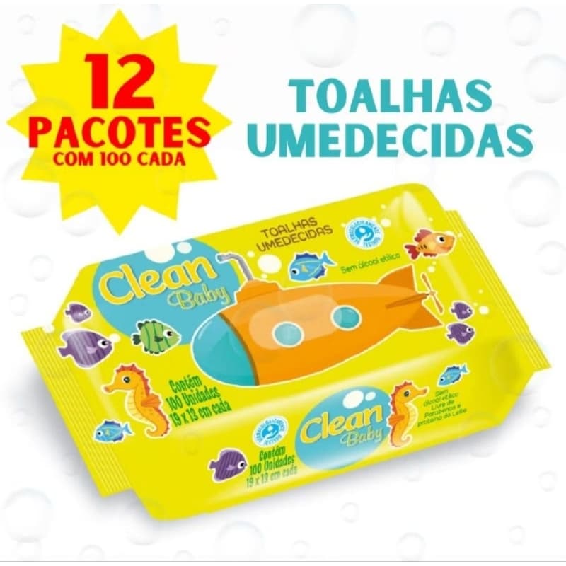 Toalha Umedecida Clean Baby 12 Pacotes com 100 Unidades Cada | Lenço Umedecido Bebê