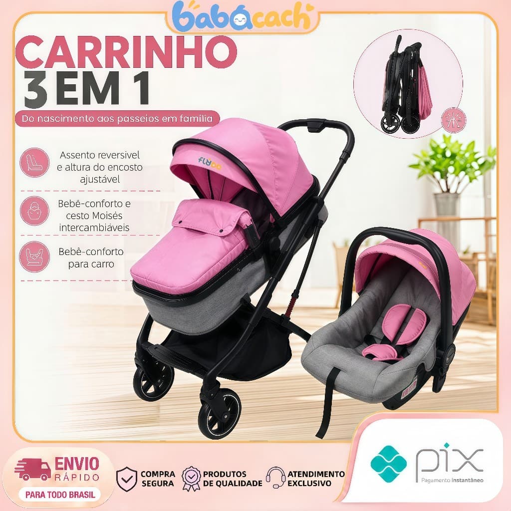Carrinho 3 em 1 com Moisés, Assento Reclinável, Rodas Amortecidas e Bebê Conforto – Conforto e Segurança