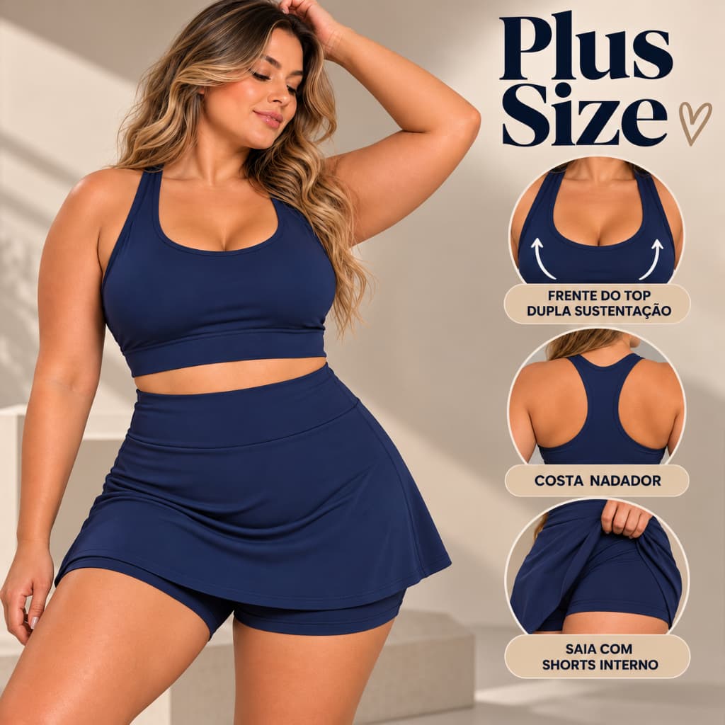 Conjunto Fitness Plus Size Feminino Top + Short Saia Academia Roupa de Treino Roupa de Malhar G1 ao G4